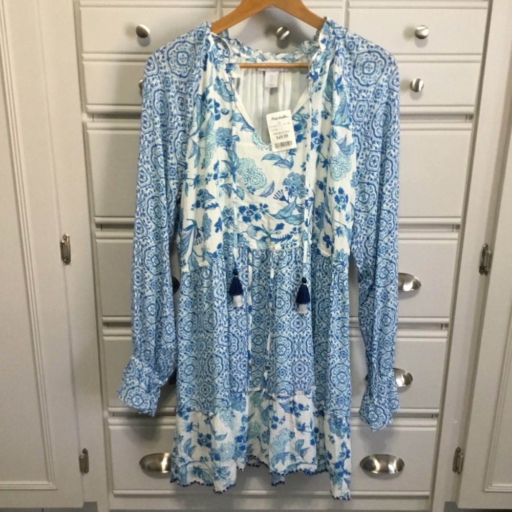 NWT HOUSE OF HARLOW 1960 Long Sleeve Blue Floral Midi Dress with Tassels L